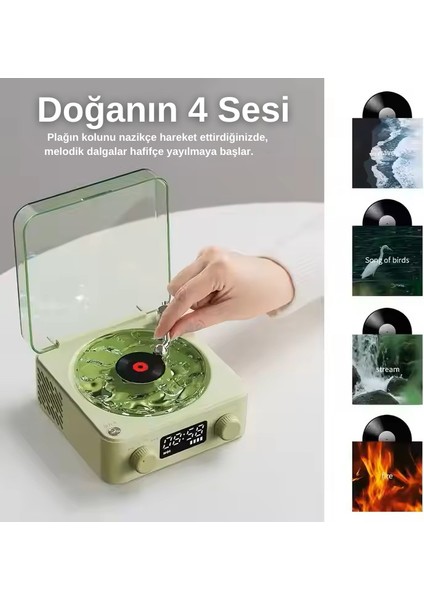 Waves Nostalji Plak Çalar Bluetooth Subwoofer 3D Ses Dalgası Retro Müzik Plak Çalar Yeşil