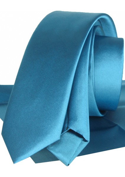 Erkek Bondi Mavi Düz Slim Fit Dar Kesim Mendilli Kravat