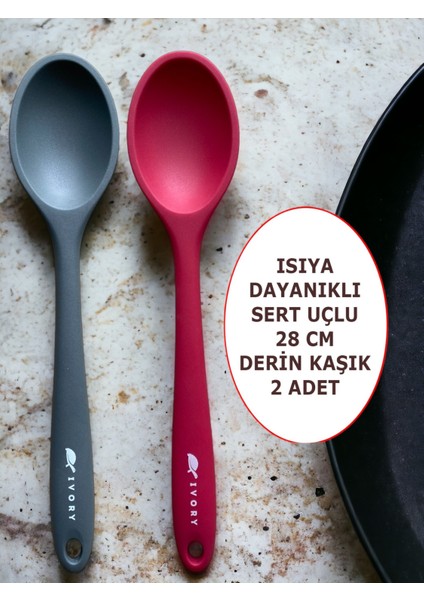 Sert Uçlu Isıya Dayanıklı Yanmaz Yapışmaz Silikon 28 cm Kaşık Seti 2 Adet