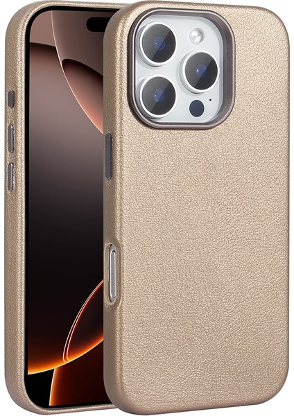 Apple iPhone 16 Pro Kılıf Magsafeli Pu Deri Tasarımlı Adora Sert Mika Çöl Titanyum