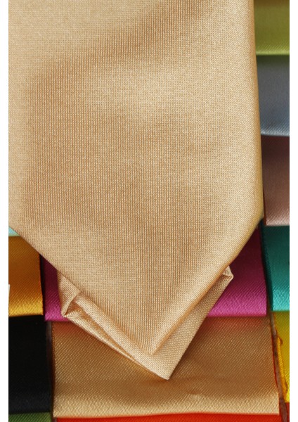Erkek Kehribar Düz Slim Fit Dar Kesim Mendilli Kravat