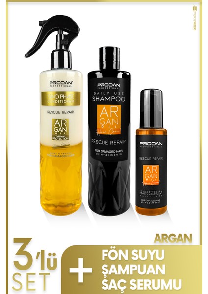 Argan Yağı Fön Suyu 400ML, Şampuan 400ML ve Saç Serumu 100ML | Nemlendirici 3'lü Saç Bakım Seti