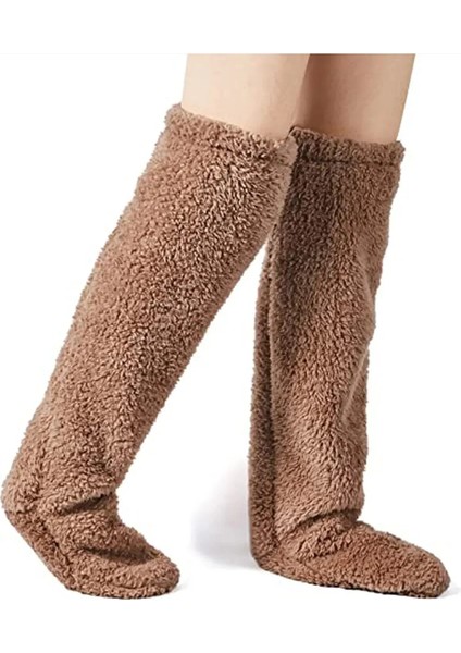 Kadın Peluş Uyku Çorabı Diz Üstü Oda Çorabı Ayak Isıtıcı Kahverengi Uzun Çorap XS - S - M - L - XL