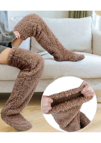 Kadın Peluş Uyku Çorabı Diz Üstü Oda Çorabı Ayak Isıtıcı Kahverengi Uzun Çorap XS - S - M - L - XL