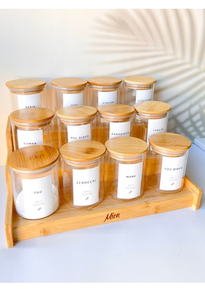 Bambu Merdiven Standlı 12'li Vakumlu Baharatlık 200ML - Suya Dayanıklı Etiket modelleri
