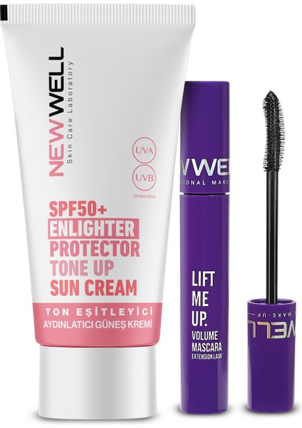 New Well lift Me Up Volume Mascara 8 ml + Yüksek Koruma Etkili SPF50+ Pembe Yüz Güneş Kremi 50 ml