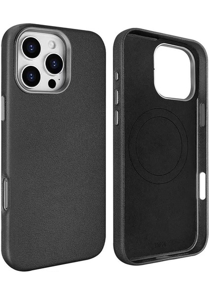 Apple iPhone 16 Pro Max Kılıf Magsafeli Pu Deri Tasarımlı Adora Sert Mika Siyah