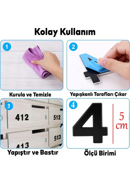 Kapı Numarası Yapışkanlı Küçük Boy 50 mm 5 cm Numara 4 Rakam Dört Sayı Siyah Renk Numaralar 1 Adet