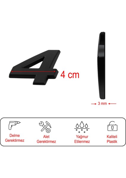 Kapı Numarası Yapışkanlı Küçük Boy 50 mm 5 cm Numara 4 Rakam Dört Sayı Siyah Renk Numaralar 1 Adet