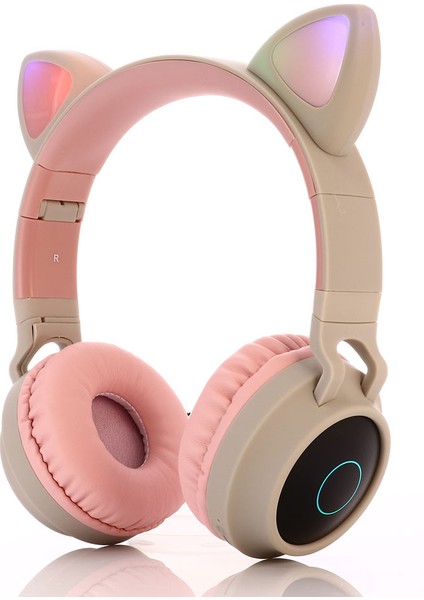 Sevimli Kedi Kulak Çocuklar Kadınlar Bluetooth 5.0 Kulaklık Katlanabilir Aşırı Kulak Stereo LED Işık ile Kablosuz Kulaklık-Haki (Yurt Dışından)
