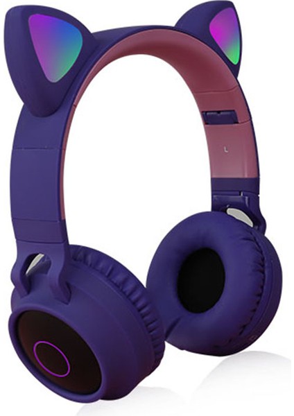 Sevimli Kedi Kulak Çocuklar Kadınlar Bluetooth 5.0 Kulaklık Katlanabilir Kulak Üstü Stereo Kablosuz Kulaklık LED Işık-Koyu Mor (Yurt Dışından)