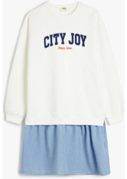 Kız Çocuk Baskı Detaylı Uzun Kolu Bisiklet Yaka Sweat Elbise