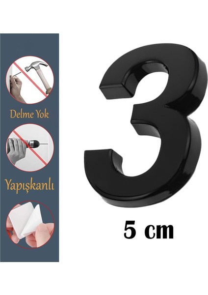 Kapı Numarası Yapışkanlı Küçük Boy 50 mm 5 cm Numara 3 Rakam Üç Sayısı Siyah Renk Numaralar 1 Adet