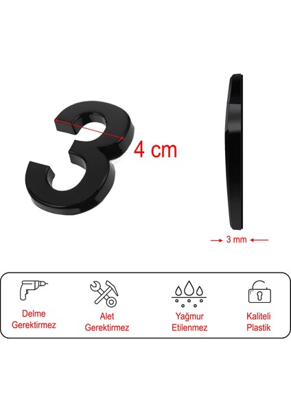 Kapı Numarası Yapışkanlı Küçük Boy 50 mm 5 cm Numara 3 Rakam Üç Sayısı Siyah Renk Numaralar 1 Adet indirimleri