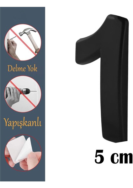 Kapı Numarası Yapışkanlı Küçük Boy 50 mm 5 cm Numara 1 Rakam Bir Sayısı Siyah Renk Numaralar 1 Adet
