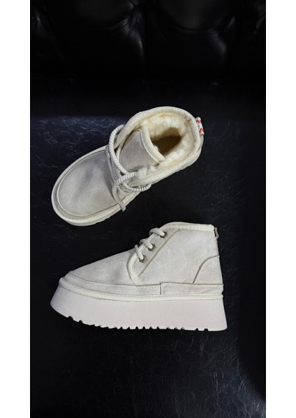 Yüksek Taban Bej Rengi Bağlamalı Içi Tüylü Kışlık Bot modelleri