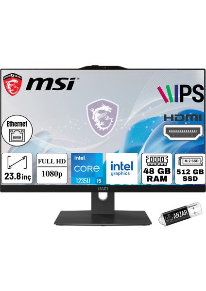 Msı Modern AM242P Intel Core I5 1235U 48GB 512GB SSD Freedos 23.8" Fhd All In One Bilgisayar 12M-1250EU-A21 & Anzar USB Bellek