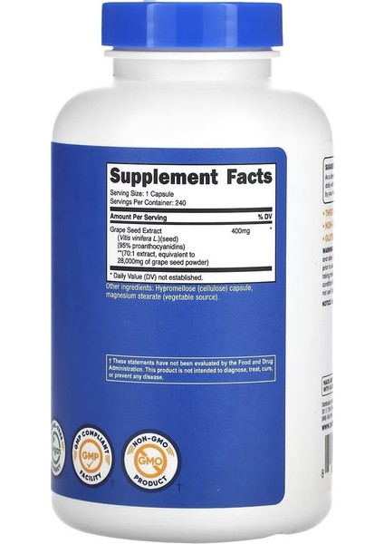 Grape Seed Extract Üzüm Çekirdeği Ekstraktı, 28.000 Mg, 240 Kapsül