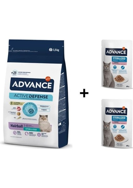 Hairball Hindili Kısırlaştırılmış Kedi Maması 1,5 kg + 2 Adet Advance Hindili Kısır Kedi Pouch Yaş Maması 85 gr