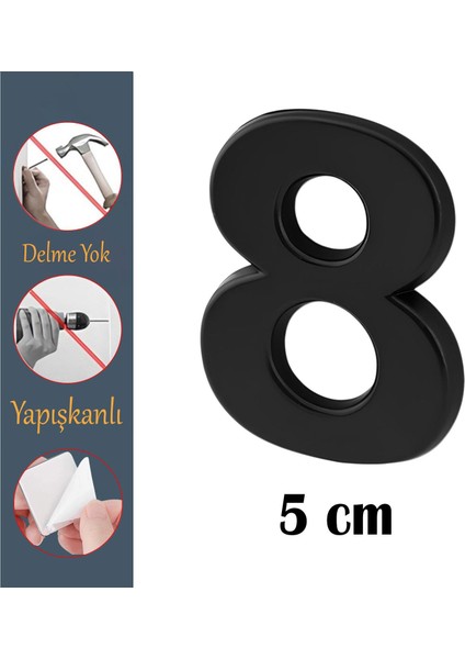 Kapı Numarası Yapışkanlı Küçük Boy 50 mm 5 cm Numara 8 Rakam Sekiz Sayı Siyah Renk Numaralar 1 Adet