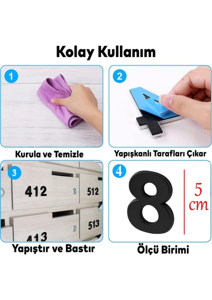 Kapı Numarası Yapışkanlı Küçük Boy 50 mm 5 cm Numara 8 Rakam Sekiz Sayı Siyah Renk Numaralar 1 Adet