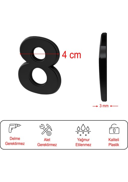 Kapı Numarası Yapışkanlı Küçük Boy 50 mm 5 cm Numara 8 Rakam Sekiz Sayı Siyah Renk Numaralar 1 Adet