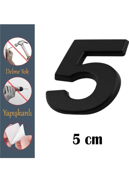 Kapı Numarası Yapışkanlı Küçük Boy 50 mm 5 cm Numara 5 Rakam Beş Sayısı Siyah Renk Numaralar 1 Adet