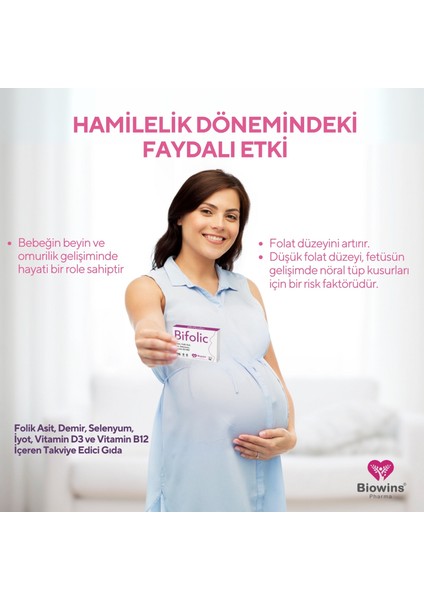 Bifolic 30'lu Folik Asit, Demir, Selenyum, Iyot, Vitamin D3 ve Vitamin B12 Içeren Takviye edici gıda