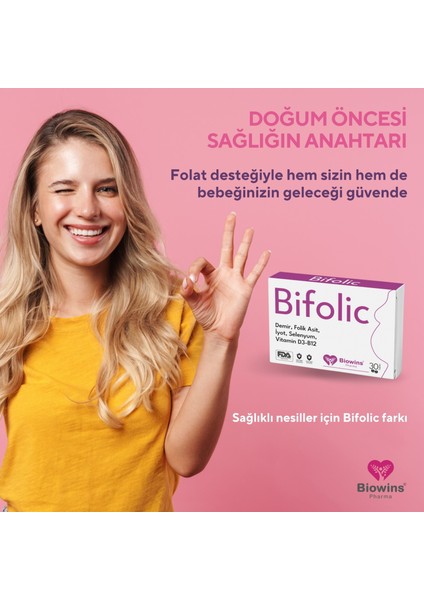 Bifolic 30'lu Folik Asit, Demir, Selenyum, Iyot, Vitamin D3 ve Vitamin B12 Içeren Takviye edici gıda