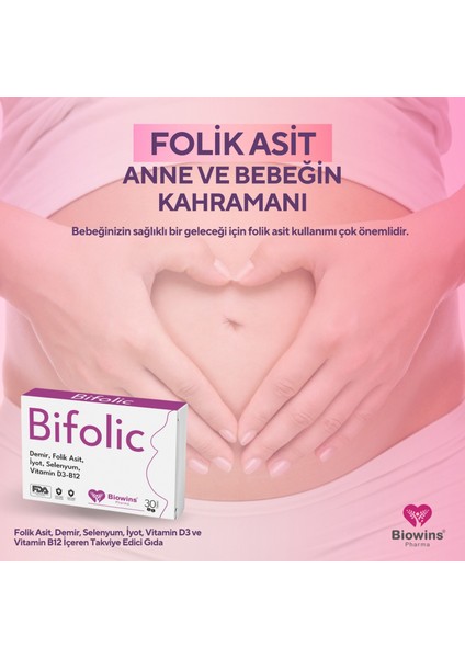 Bifolic 30'lu Folik Asit, Demir, Selenyum, Iyot, Vitamin D3 ve Vitamin B12 Içeren Takviye edici gıda