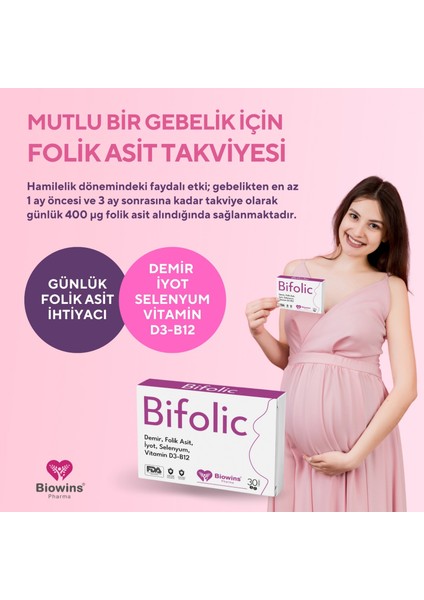 Bifolic 30'lu Folik Asit, Demir, Selenyum, Iyot, Vitamin D3 ve Vitamin B12 Içeren Takviye edici gıda