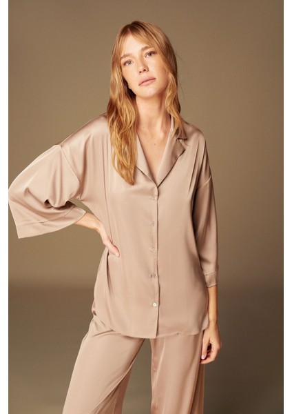 Saten Pijama Takım Gömlek Pantolon 2'li Set LP1528 Vizon