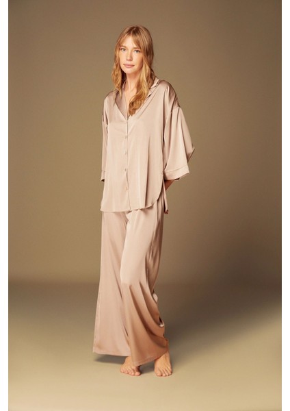 Saten Pijama Takım Gömlek Pantolon 2'li Set LP1528 Vizon