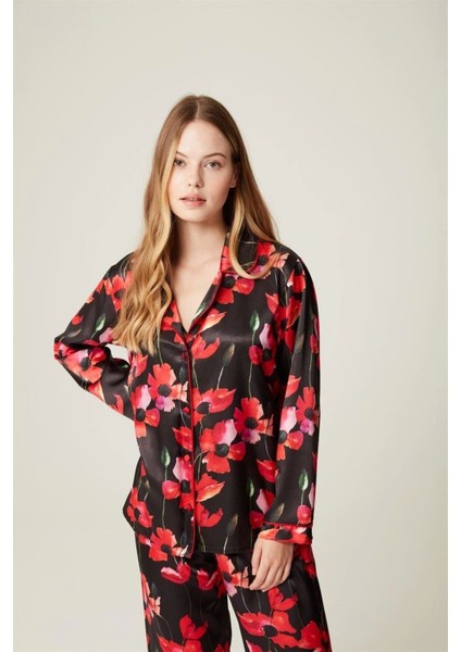 Saten Pijama Takım Raine Red Flower 2li Takım