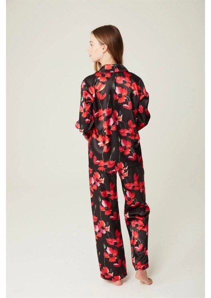 Saten Pijama Takım Raine Red Flower 2li Takım