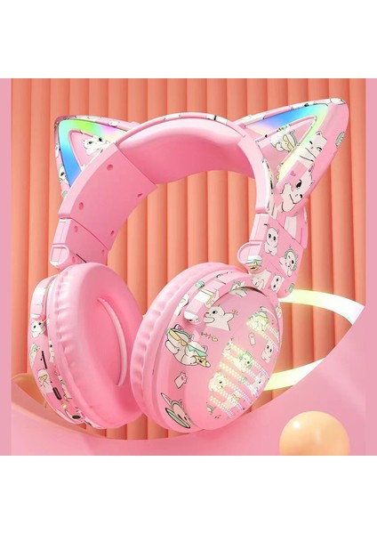 VJ371 Graffiti Rgb Kedi Kulak Bluetooth Kulaklık Ayrılabilir Mikrofon Stereo Müzik Kablosuz Kulaklık-Pembe (Yurt Dışından)