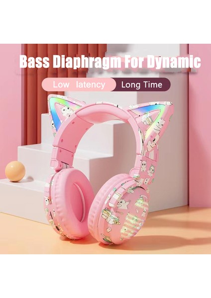 VJ371 Graffiti Rgb Kedi Kulak Bluetooth Kulaklık Ayrılabilir Mikrofon Stereo Müzik Kablosuz Kulaklık-Pembe (Yurt Dışından)