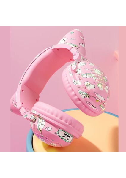 VJ371 Graffiti Rgb Kedi Kulak Bluetooth Kulaklık Ayrılabilir Mikrofon Stereo Müzik Kablosuz Kulaklık-Siyah (Yurt Dışından)