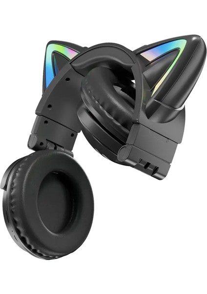 VJ371 Graffiti Rgb Kedi Kulak Bluetooth Kulaklık Ayrılabilir Mikrofon Stereo Müzik Kablosuz Kulaklık-Siyah (Yurt Dışından)