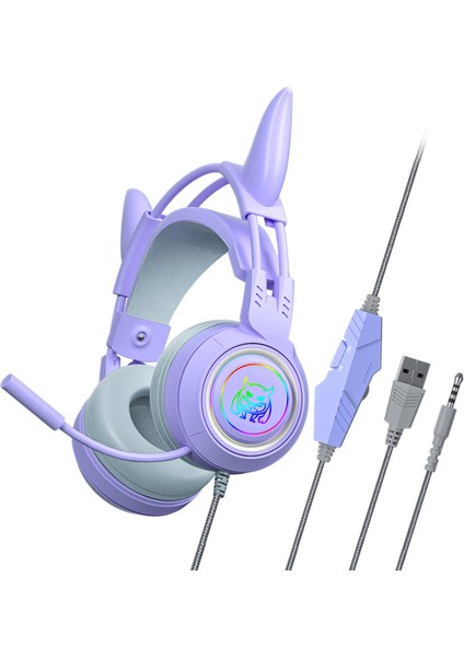 SY-G25 Devil Ears Tasarım Rgb Aydınlatma Kablolu Kontrol Oyun Kulaklık 3D Çevresel Ses Oyun Kulaklığı Hd Mikrofonlu-Mor (Yurt Dışından)