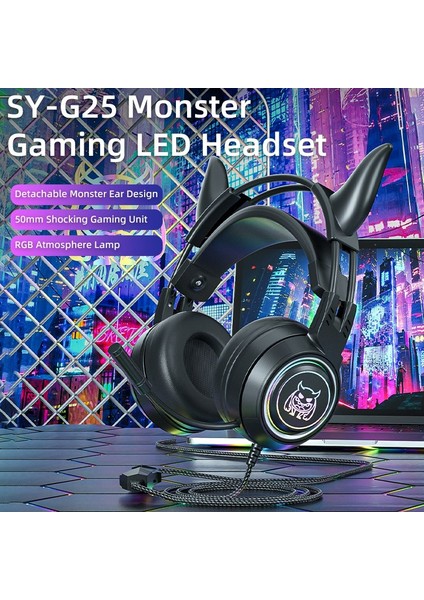 SY-G25 Devil Ears Tasarım Rgb Aydınlatma Kablolu Kontrol Oyun Kulaklık 3D Çevresel Ses Oyun Kulaklığı Hd Mikrofonlu-Mor (Yurt Dışından)