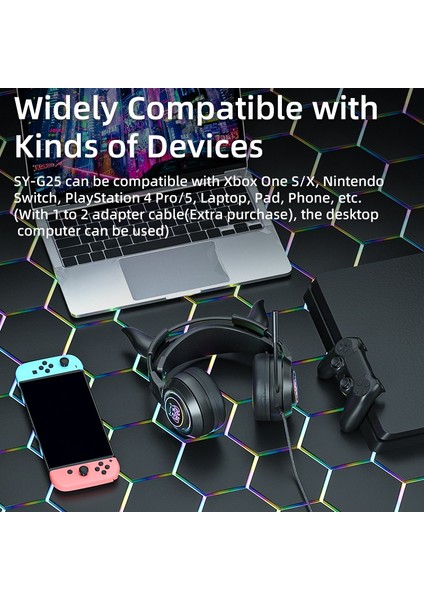 SY-G25 Devil Ears Tasarım Rgb Aydınlatma Kablolu Kontrol Oyun Kulaklık 3D Çevresel Ses Oyun Kulaklığı Hd Mikrofonlu-Mor (Yurt Dışından)