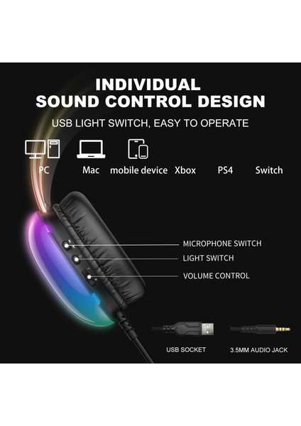 Onıkuma X25 3.5mm+Usb Kablolu Kulak Üstü E-Spor Kulaklık Kız Oyun Kulaklığı Rgb Açık-Siyah (Yurt Dışından)