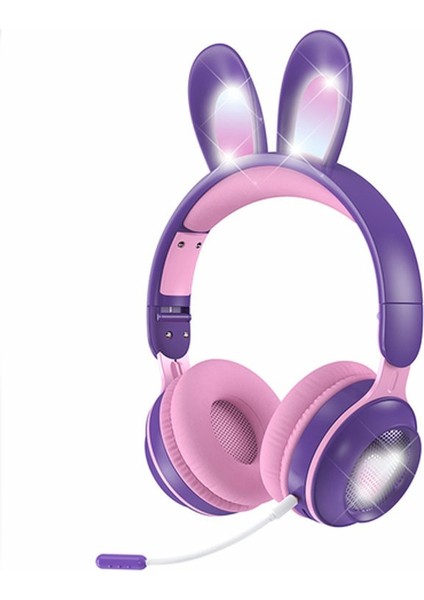 Ke-01 Sevimli Tavşan Kulak Katlanabilir Kulaklık Stereo Müzik Kablosuz Bluetooth Mikrofonlu Kulaklık-Mor (Yurt Dışından)