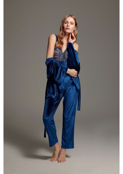 Pijama Takım Sabahlık Büstiyer Pantolon LP1411 3'lü Set
