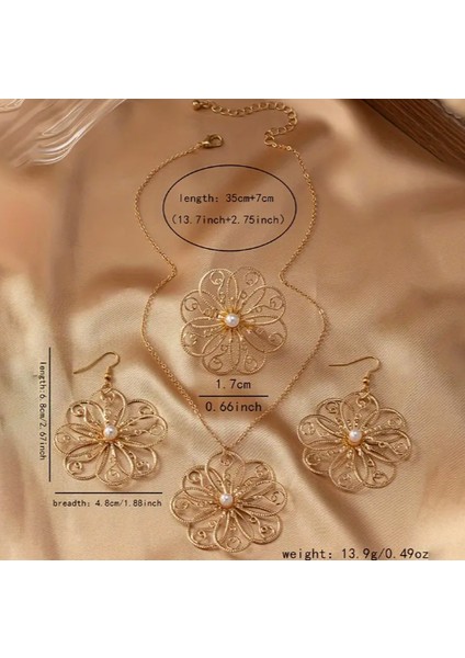 Zarif Geometrik Kesme Çiçek Tasarımlı Inci Işlemeli Kolye Küpe Yüzük Set