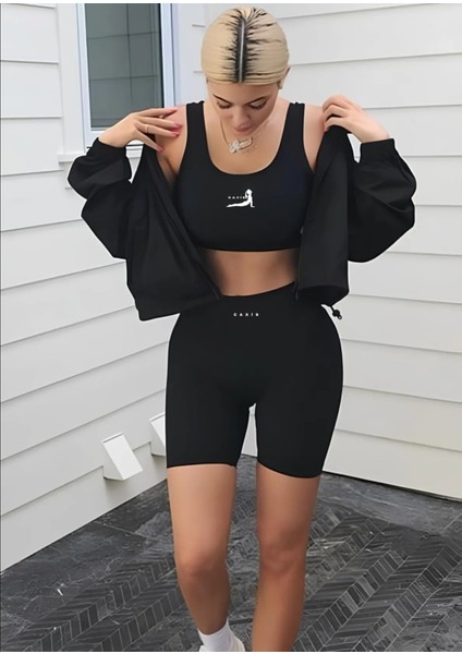 Kadın Yüksek Bel Toparlayıcı Crop ve Şort Tayt Takım Spor Slim Fit Dalgıç Kumaş