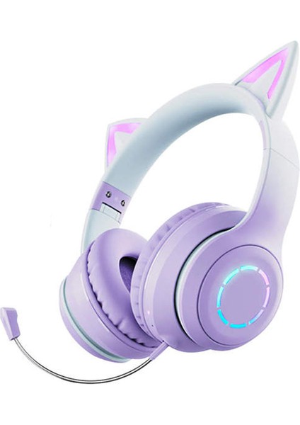 BT029C Çıkarılabilir Mikrofonlu Bluetooth Kablosuz Kulaklık Rgb LED Ayarlanabilir Başa Monte Kulaklık Çocuklar Stereo Müzik Kedi Kulak Katlanır Kulaklıklar-Mor (Yurt Dışından)