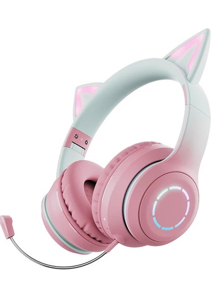 BT029C Çıkarılabilir Mikrofonlu Bluetooth Kablosuz Kulaklık Rgb LED Ayarlanabilir Başa Monte Kulaklık Çocuklar Stereo Müzik Kedi Kulak Katlanır Kulaklıklar-Pembe (Yurt Dışından)