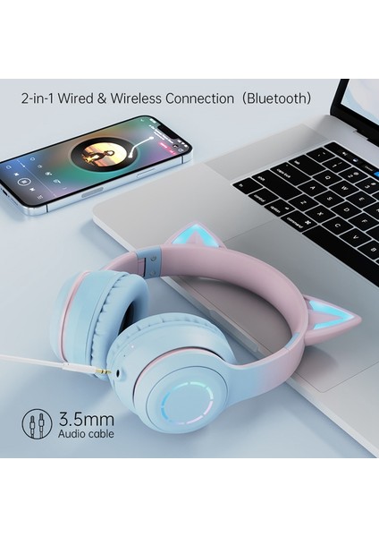 BT029C Çıkarılabilir Mikrofonlu Bluetooth Kablosuz Kulaklık Rgb LED Ayarlanabilir Başa Monte Kulaklık Çocuklar Stereo Müzik Kedi Kulak Katlanır Kulaklıklar-Pembe (Yurt Dışından)